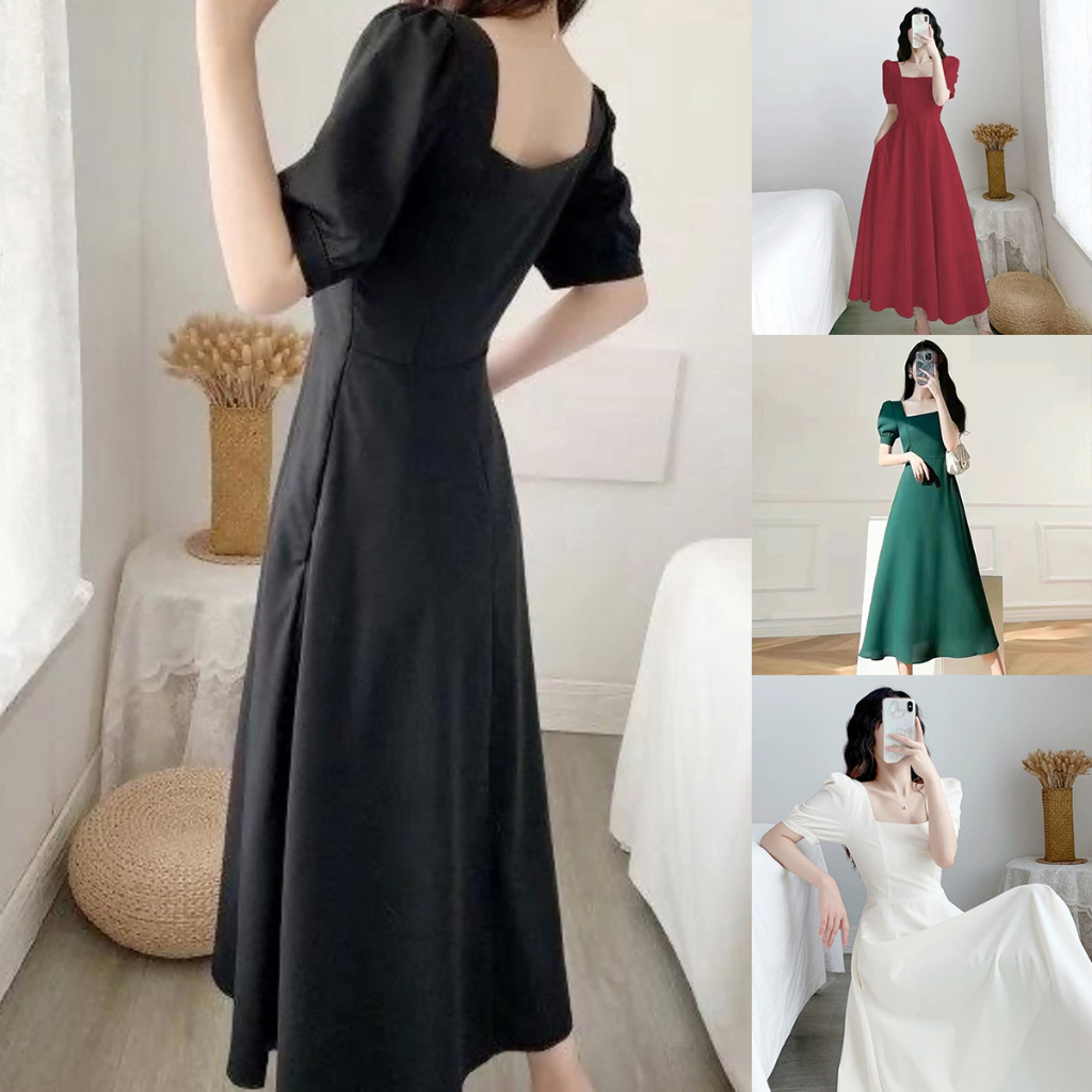 Korean Fashion ชุดเดรสยาวคอเหลี่ยมแขนสั้น กระเป๋าข้าง 4 สี