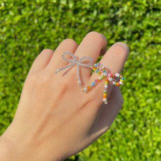 แหวนลูกปัด รูปโบว์ สีเงินใส หลากสี ยืดได้ Colorful Transparent Silver Bead Bow Elastic Ring