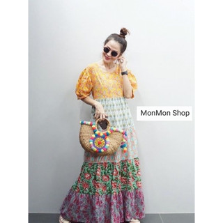 ~MONMONSHOP👗MON6638 Patchwork Indian Block Cotton Dress แม็กซี่เดรสผ้าบล็อคคอตตอนอินเดียตัดต่อลาย