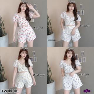 J18610 set 2ชิ้น เสื้อแขนตุ๊กตา ลายเชอร์รี่ + กางเกงขาสั้นลายเชอร์รี่ Set doll sleeve shirt with cherry pattern + shorts