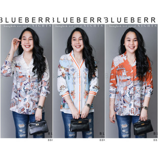 (อก44) B3969 BLUEBERRY NIGHTS เสื้อเชิ้ตกระดุมหน้าคอวีแขนยาว ผ้าโพลีเอสเตอร์เนื้อนุ่มพิมพ์ลายทั้งตัว