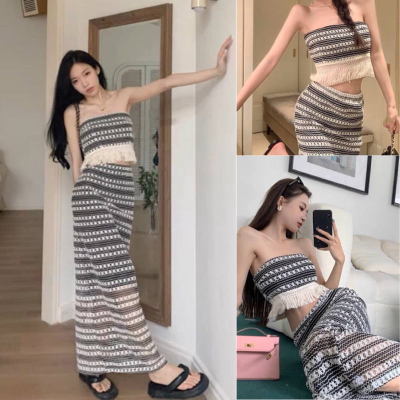 ชุดเซ็ทเกาะอก ผ้าถักสายมินิมอล ใส่ไปทะเลสวยมาก พร้อมส่ง