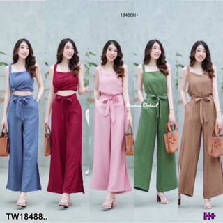 PP18488 Set 2 ชิ้น เสื้อสายเดี่ยว ทรงปล่อย + กางเกงขายาว ผ่าขา ..