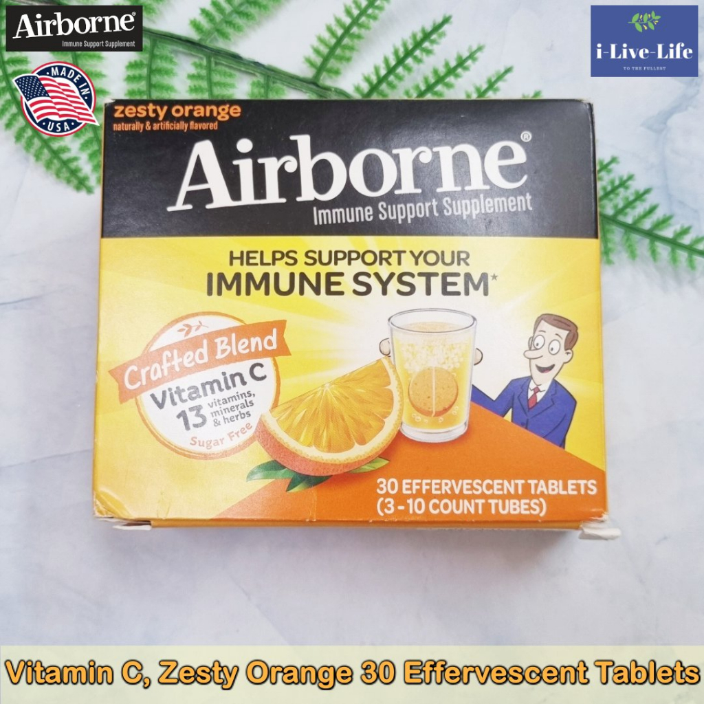 วิตามินซี เม็ดฟู่ Support Blast of Vitamin C Zesty Orange 3 Tubes 10 Tablets Each - AirBorne