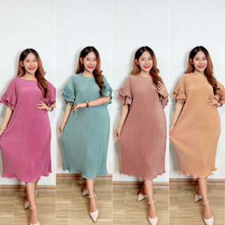 New Collection Pleat Dress แฟชั่นชุดพลีท ชุดเดรสแฟชั่นสาวอวบ เดรสยืดFreesize ดีเทลระบายไหล่ ชุดใส่ออกงาน ใส่คลุมท้องได้