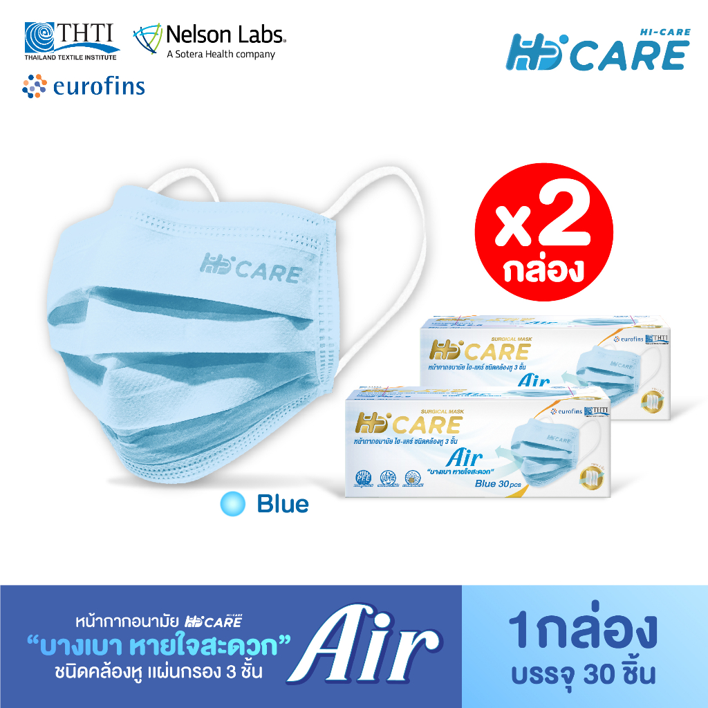 [เซทคู่สุดคุ้ม] Hi-Care Air หน้ากากอนามัย สีฟ้า เบาสบายหายใจสะดวก จำนวน 2 กล่อง (1 กล่อง บรรจุ 30 ชิ้น)