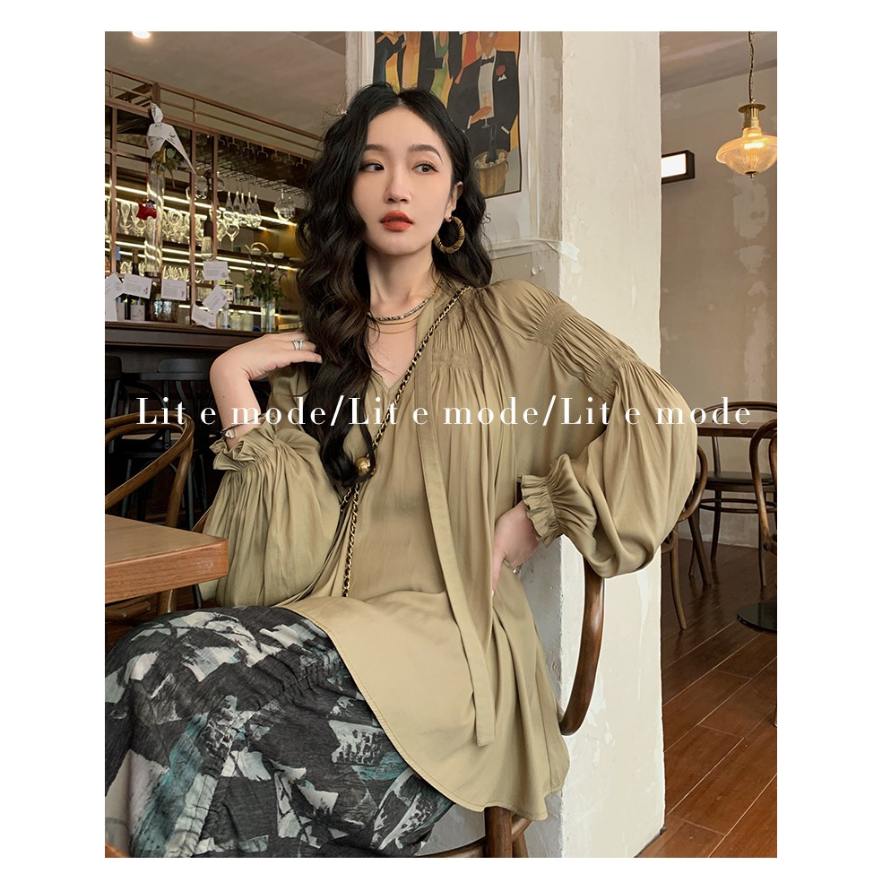 CODSMD2949เสื้อเชิ้ตชีฟองสไตล์เกาหลีแฟชั่นเป็นทางการผู้หญิง เสื้อสวมหัวแขนยาวคอปกหน้าวีแหวกลึกลำลอง แมชง่ายกับทุกลุค