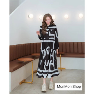 MONMONSHOP👗MON6655เดรสคอจีนพิมพ์ลายกราฟฟิคงานสวยมากๆนะคะแต่งกระดุมเรียงหน้า