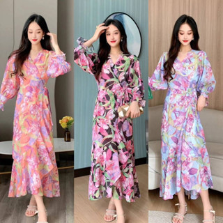 Summer flower dress ชุดเดรสผ้าชีฟองลายดอกไม้ เดรสแขนยาว ปผูกเอว เดรสลายปริ้น