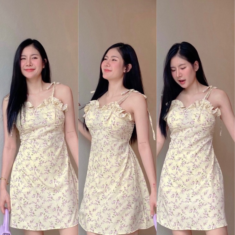 🍑Mookrinstyle 🍑มินิเดรสสั้น สายผูกไหล่ ลายดอกไม้ อกมีฟองน้ำ
