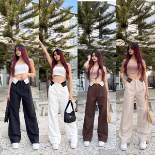 Santorini two-tone tab high waist pantขอบพับทูโทนกางเกงป้ายพรมทอง🖤