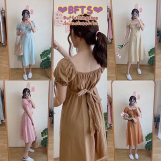 BFTS🧡 พร้อมส่ง PBM2104 Sunny dress เดรสยาวครึ่งแข้งแขนตุ๊กตา แต่งโบว์ที่แขนน่ารักๆ เชือกผูกปรับขนาดที่เอวได้ตามชอบ เดรส