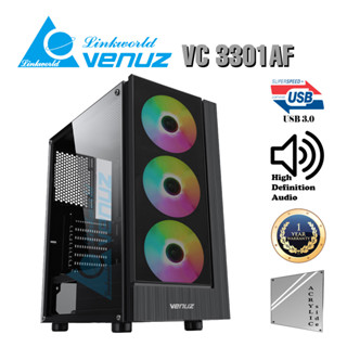 VENUZ Acrylic Side ATX Computer Case VC 3301AF with Rainbow RGB Fan x 3 – Black