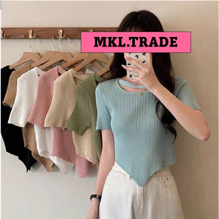 🍓MKL🍓พร้อมส่ง เสื้อไหมพรมแขนสั้น คอกลม ดีเทลผ้าร่อง สายคาดหน้า เก๋ๆ น่ารักๆ #B835