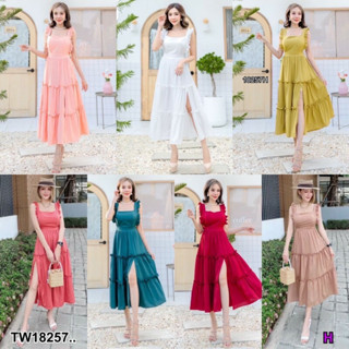 TwinsShopVip💗พร้อมส่ง TW18257 เดรสยาวคอเหหลี่ยม แขนกุด แต่งระบาย ..