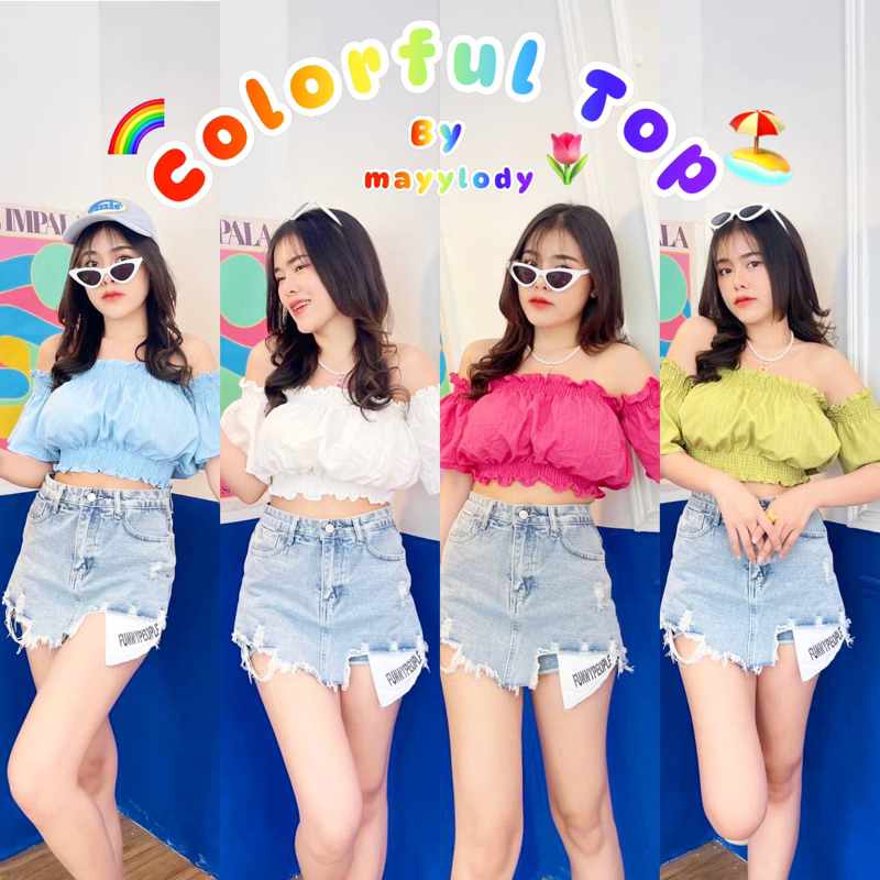 mayylody เสื้อเปิดไหล่ สม็อคจั้มน่ารัก งานสวยปังมาก เสื้อครอป ครอปท็อป ปาดไหล่ เสื้อปาดไหล่ ชุดไปทะเล