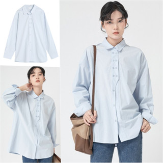Ct2983 🌺พร้อมส่ง🌺 เสื้อเชิ้ตทำงาน แต่งกระดุมหน้า คอปกแขนยาวผู้หญิง oversize เสื้อแฟชั่นสไตล์เกาหลีลำลอง สีฟ้า