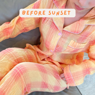 — 🧡Before sunset🌅✨ ชุดนอนแขนยาว ขายาว ลายสก้อตโทนสีส้มเหลือง