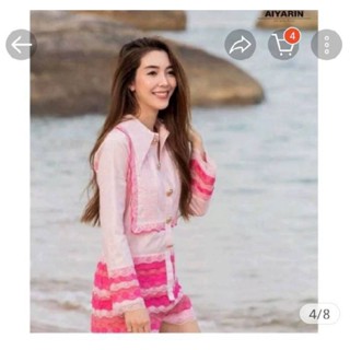 จั้มสูทกางเกงขาสั้น เสื้อแขนยาว แต่งลูกไม้สลับสี งานสวย