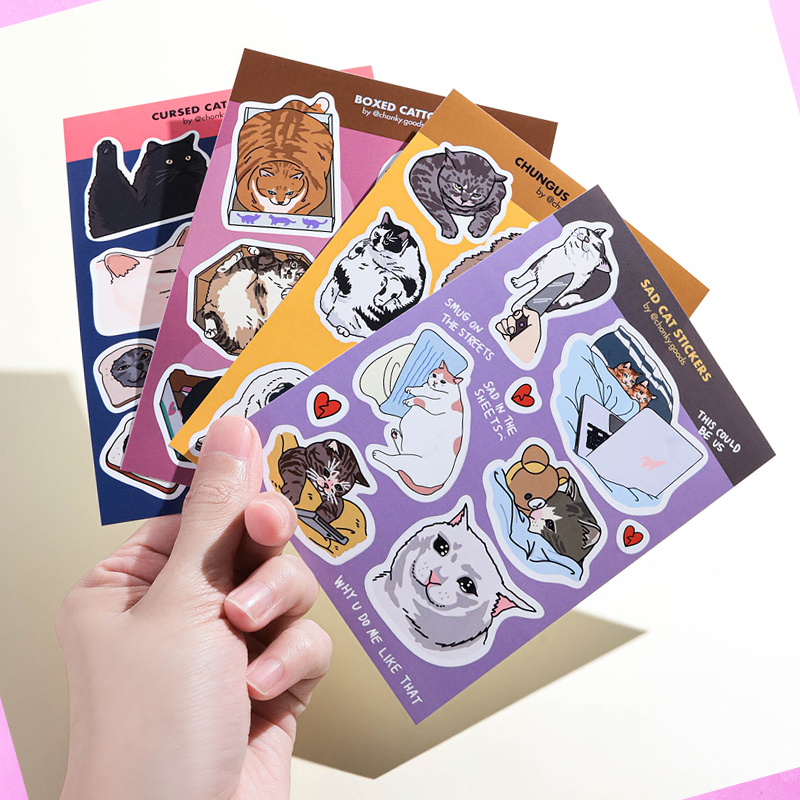 สติ๊กเกอร์แผ่น สติกเกอร์ ไดคัท กันน้ำ ลายมีมแมว หลายลาย Funny Stop Mean Sad Cursed Cat Meme Sticker Sheet Chonky Goods