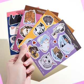 สติ๊กเกอร์แผ่น สติกเกอร์ ไดคัท กันน้ำ ลายมีมแมว ทีหลายลาย Funny Stop Mean Sad Cursed Cat Meme Sticker Sheet Chonky Goods