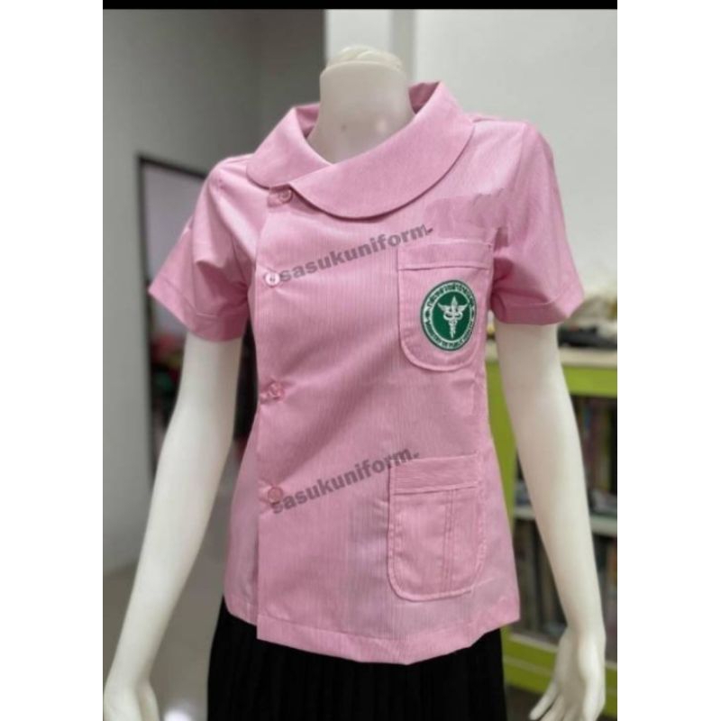 เสื้อสาธารณสุขริ้วชมพูขาว  คอบัวกัลยา    ปักกระทรวงสาธารณสุข ผู้หญิง