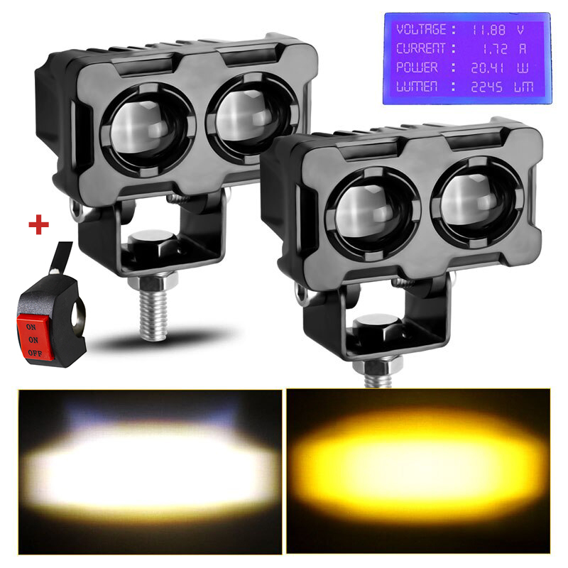 2PCS 60W รถจักรยานยนต์ LED เลนส์สปอตไลท์เลนส์คู่ Spotlight รถจักรยานยนต์ไฟตัดหมอกเสริม Dual สีขาวแสงสีเหลือง