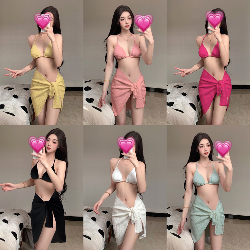 พร้อมส่งจากไทย ชุดว่ายน้ำบิกินี่3ชิ้น ผ้าฉลุ มีทั้งหมด6 สี