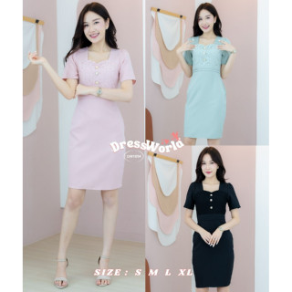 DW1054-DRESS WORLD -เดรสผ้าเรียบตัดด้วยผ้าระบายลายดอก (ทักแชทเช็คของก่อนสั่งซื้อ)