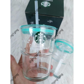 (ส่งฟรี พร้อมส่งในไทย) Starbucks สตาร์บัค 375ML แก้วฝาปิดมีหลอด ลายสีฟ้า + กล่อง (ของแท้)