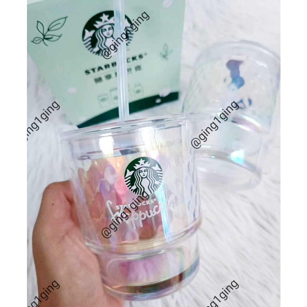 (ส่งฟรี พร้อมส่งในไทย) Starbucks สตาร์บัค 450ML แก้วฝาปิดมีหลอด ลายสีใสเพชร + กล่อง (ของแท้)