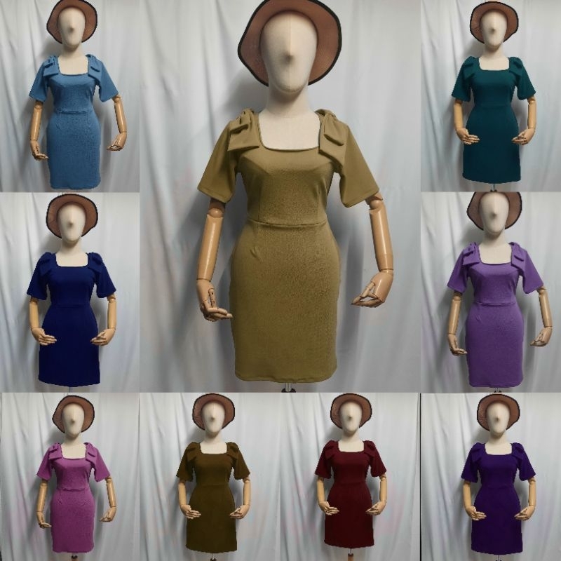 A114 เดรสสาวอวบผ้ายืดวูลเวฟ คอเหลี่ยม แต่งโบว์ใหล่