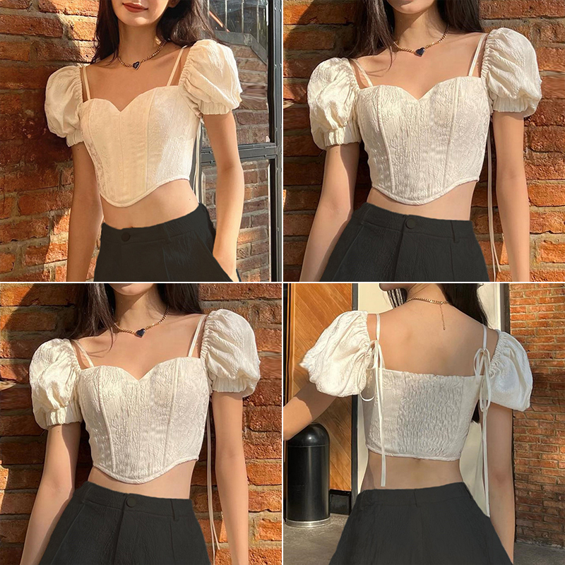 เสื้อครอปสตรี คอปาด แขนสั้น คอกลม รูดจีบ ไม่สม่ำเสมอ เสื้อสวมหัว