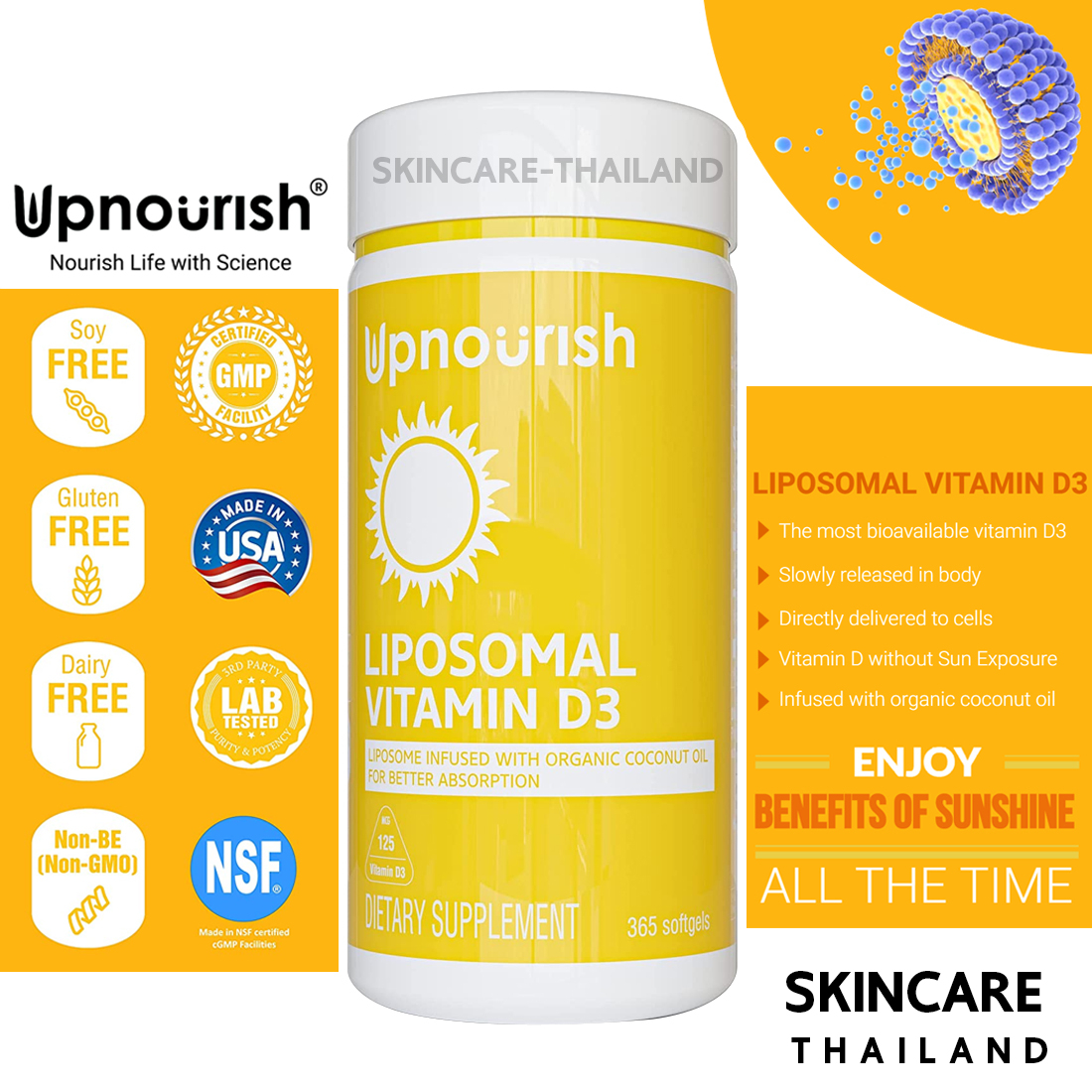 Upnourish Liposomal Vitamin D3 5,000 IU 365 softgels วิตามินดี 3 สนับสนุนภูมิคุ้มกัน Cholecalciferol Vitamin D