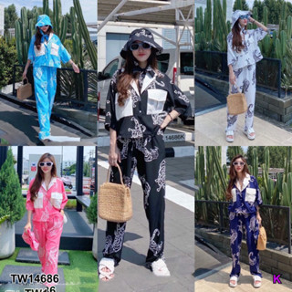 TwinsShopVip💗พร้อมส่ง TW14686 Set 3 ชิ้น เสื้อเชิ้ตกระเป๋าหน้า+กางเกงขายาว+หมวกบัคเกต