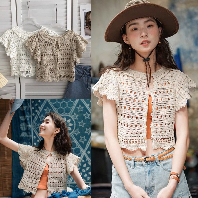 เสื้อครอปถักไหมพรม เสื้อถักตาข่าย