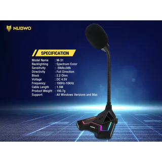 🚀ส่งเร็ว🚀 Nubwo MicroPhone M-31 Black SPECTRUM LIGHTING ไมค์คอม ไมโครโฟน คอมพิวเตอร์ ตั้งโต๊ะ #DM m31