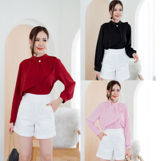 เสื้อทำงานแขนยาว คอจีน แต่งระบาย เสื้อผู้หญิงออกแบบสไตล์เกาหลี New Fashion 2023