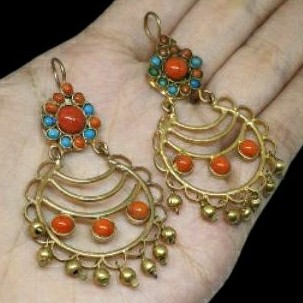 ต่างหู หินเทอร์ควอยส์ และ หินปะการัง แฮนเมด Afghan Turquoise &amp; Coral Earrings Dangle Jewelry Gemstone Handmade