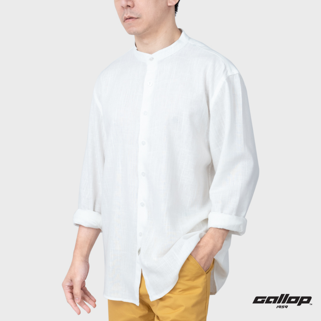 GALLOP : Men's Wear Linen Long Sleeve Mandarin Collar Shirt เสื้อคอแมนดาริน แขนยาว ผ้าลินิน รุ่น GW9025 สี White - ขาว