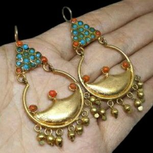 ต่างหู หินเทอร์ควอยส์ และ หินปะการัง แฮนเมด Afghan Turquoise &amp; Coral Earrings Dangle Jewelry Gemstone Handmade