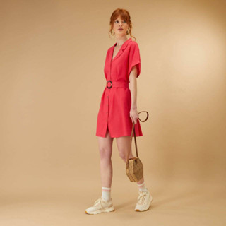 Short-sleeved linen dress สีชมพู