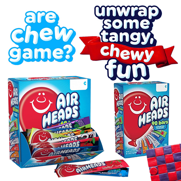 ขนมอเมริกา🇺🇸 Airheads Candy Bars, Variety Bulk Box, Chewy Full Size Fruit Taffy, 60 แท่ง