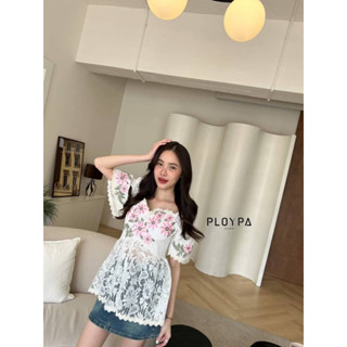 เสื้อทรงผ่าหน้าลายดอกไม้สีชมพู 🍬Flower Love Top🍬ป้าย ploypa