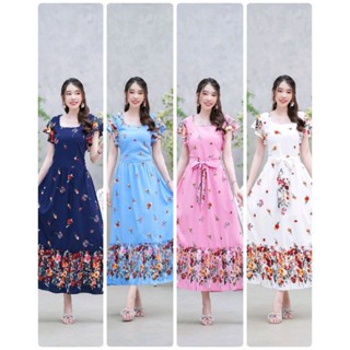 Maxi dress ลายดอกเชิงทรงคอเหลี่ยม แขนระบาย ตัดต่อรูดย่นที่ชายกระโปรง มีโบว์ผูกเอวปรับระดับได้ /มีซิปซ่อนด้านหลัง/มีซับใน