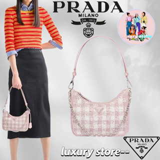 ปราด้า Prada raffia กระเป๋าถือขนาดเล็ก/กระเป๋าหญิง/กระเป๋าร่อซู้ล/กระเป๋าสะพายไหล่/สไตล์ใหม่/กระเป๋าใต้วงแขน