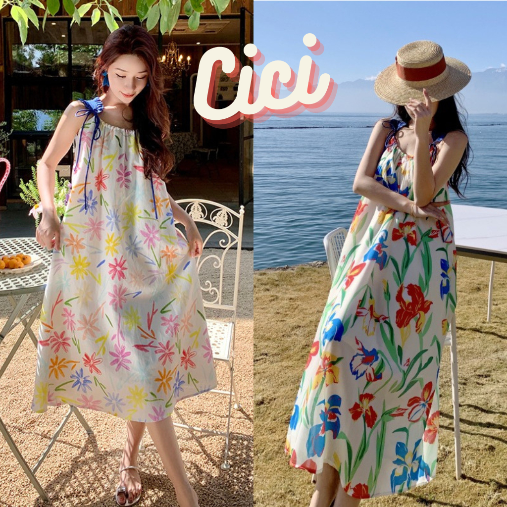 ส่งทันที Cici(NO. 3082)เดรสสายเดี่ยวลายดอกไม้ ดีเทลผูกแขนสีสันสดใส ใส่ไปทะเลคือปัง