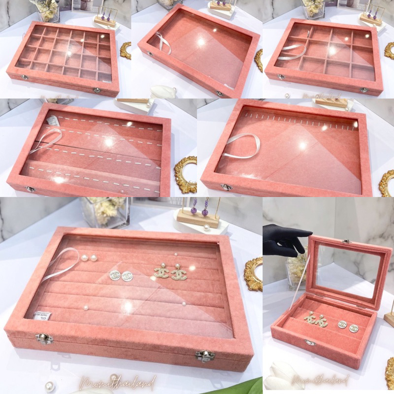 กล่องเครื่องประดับกำมะหยี่สีชมพูใบใหญ่ ขนาด35*24*5cm.