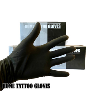 ถุงมือ ถุงมือยาง ถุงมือยางสีดำไม่มีแป้ง 100% HOME TATTTOO GLOVES ถุงมือยางชนิดไร้แป้ง ถุงมือยาง Black Latex Gloves