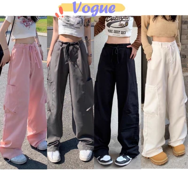 Vogue🌟พร้อมส่ง🌟 กางเกงขายาว คาโก้เอวสูง เอวสม๊อค กระเป๋า2ข้าง (841) -NZ-H